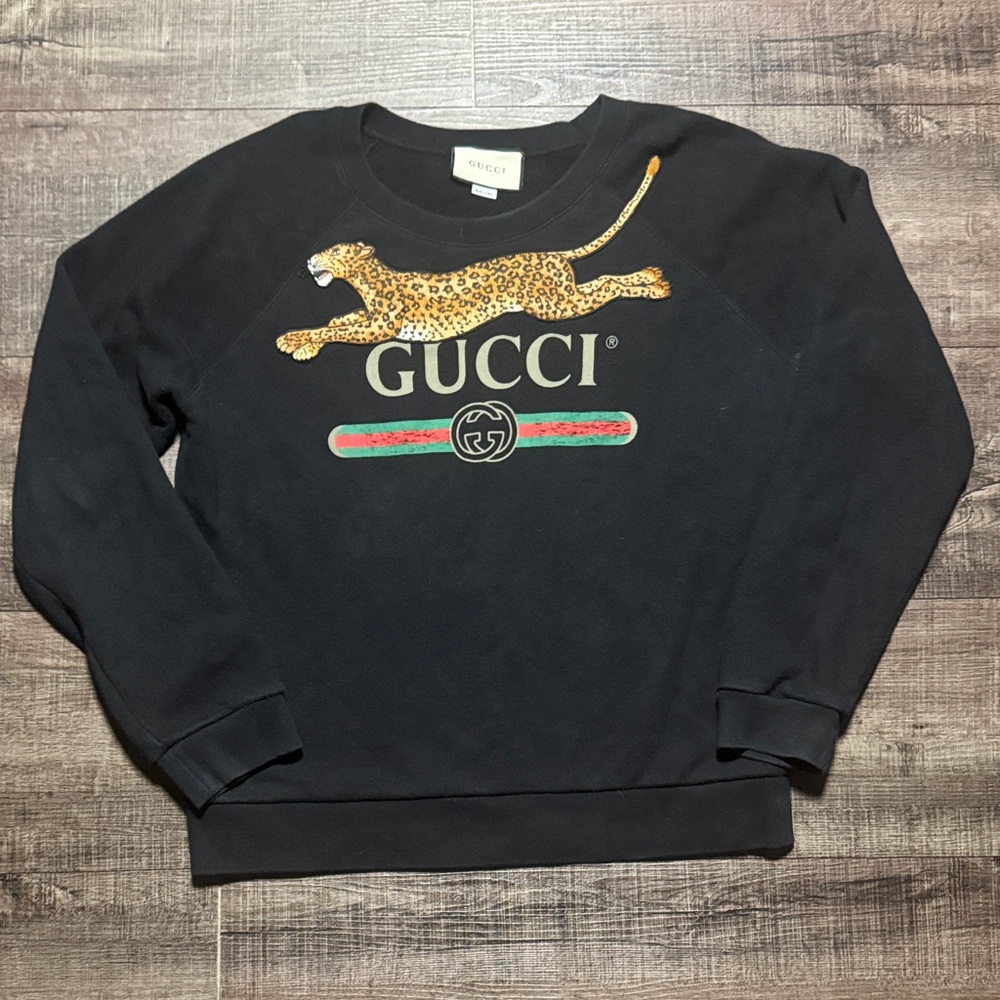 Gucci Black Crewneck Sweater with Leopard Motif